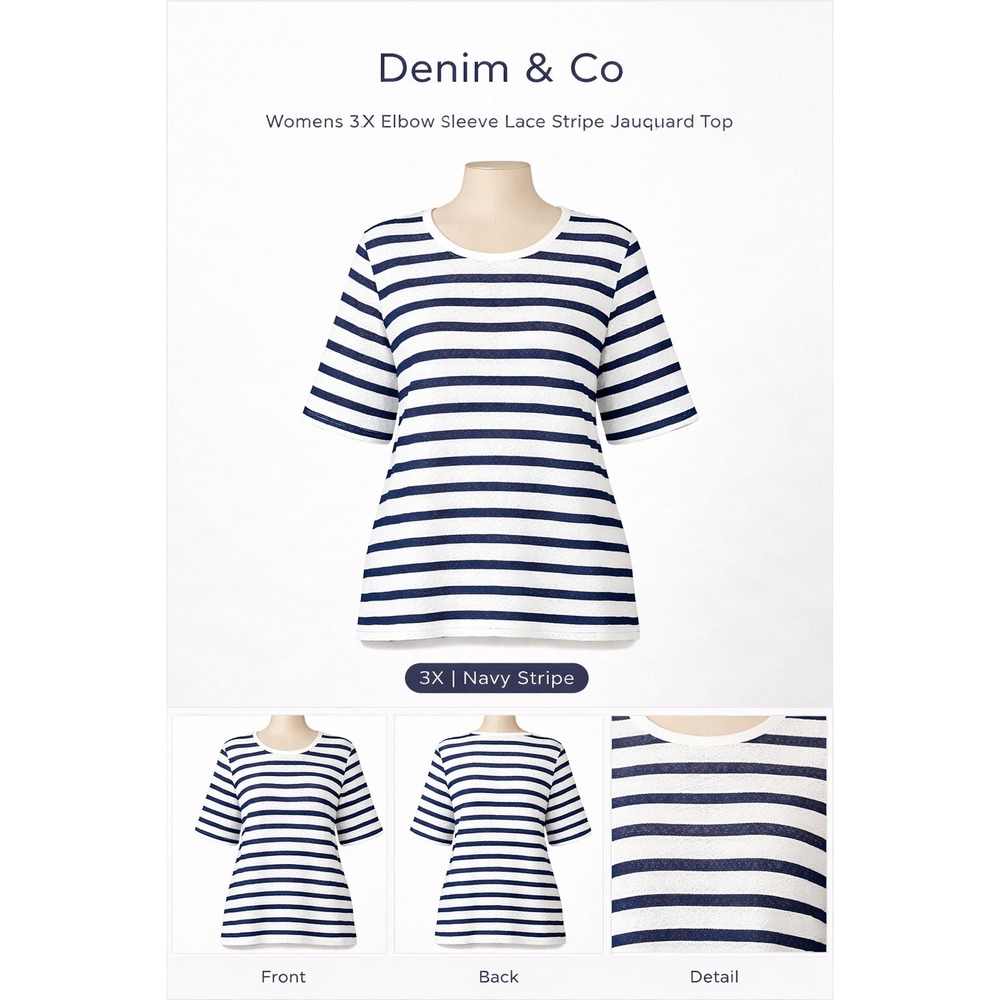 Denim & Co Womens 3X Elbow Sleeve‎ Lace Stripe Jacquard Top Navy White A305263